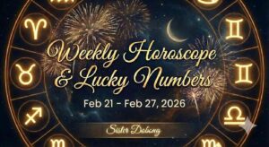 Weekly Horoscope & Lucky Numbers graphic for Feb 21 – Feb 27, 2026, featuring a gold zodiac wheel on a starry background. Sister Dobong.