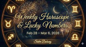 Weekly Horoscope & Lucky Numbers graphic for Feb 28 – Mar 6, 2026, featuring a gold zodiac wheel on a starry background. Sister Dobong