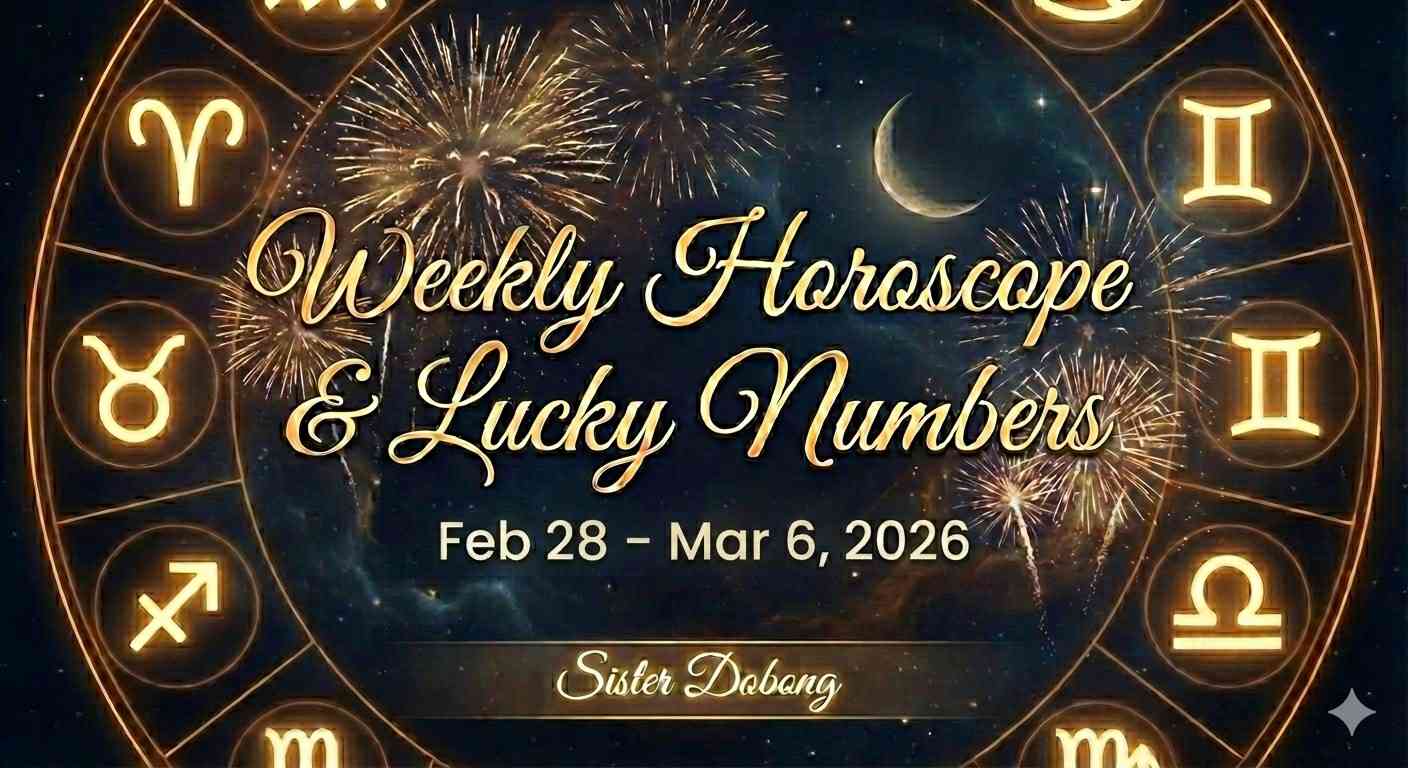 Weekly Horoscope & Lucky Numbers graphic for Feb 28 – Mar 6, 2026, featuring a gold zodiac wheel on a starry background. Sister Dobong
