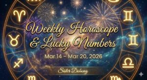 Weekly Horoscope & Lucky Numbers graphic for Mar 14 – Mar 20, 2026, featuring a gold zodiac wheel on a starry background. Sister Dobong.
