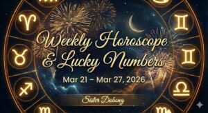 Weekly Horoscope & Lucky Numbers graphic for Mar 21 – Mar 27, 2026, featuring a gold zodiac wheel on a starry background. Sister Dobong.