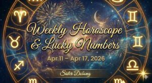 Weekly Horoscope & Lucky Numbers graphic for Apr 11 – Apr 17, 2026, featuring a gold zodiac wheel on a starry background. Sister Dobong.