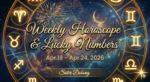 Weekly Horoscope & Lucky Numbers graphic for Apr 18 – Apr 24, 2026, featuring a gold zodiac wheel on a starry background. Sister Dobong.