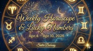 Weekly Horoscope & Lucky Numbers graphic for Apr 4 – Apr 10, 2026, featuring a gold zodiac wheel on a starry background. Sister Dobong.