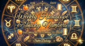 Weekly Horoscope & Lucky Numbers graphic for May 16 – May 22, 2026, featuring a gold zodiac wheel on a starry background. Sister Dobong.