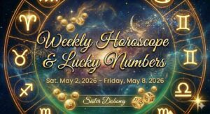 Weekly Horoscope & Lucky Numbers graphic for May 2 – May 8, 2026, featuring a gold zodiac wheel on a starry background. Sister Dobong.