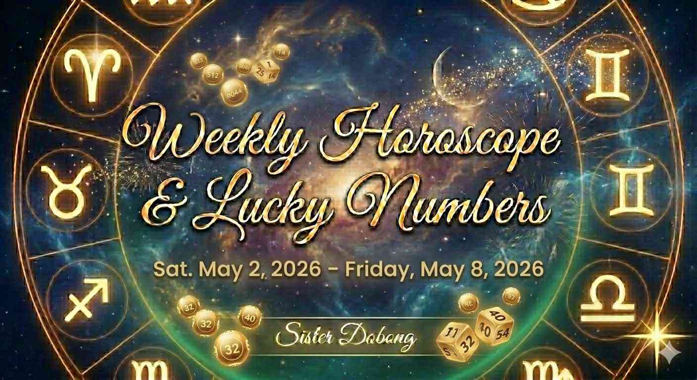 Weekly Horoscope & Lucky Numbers graphic for May 2 – May 8, 2026, featuring a gold zodiac wheel on a starry background. Sister Dobong.