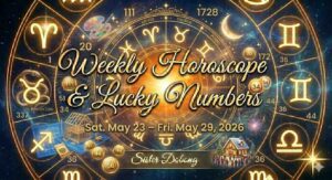 Weekly Horoscope & Lucky Numbers graphic for May 23 – May 29, 2026, featuring a gold zodiac wheel on a starry background. Sister Dobong.