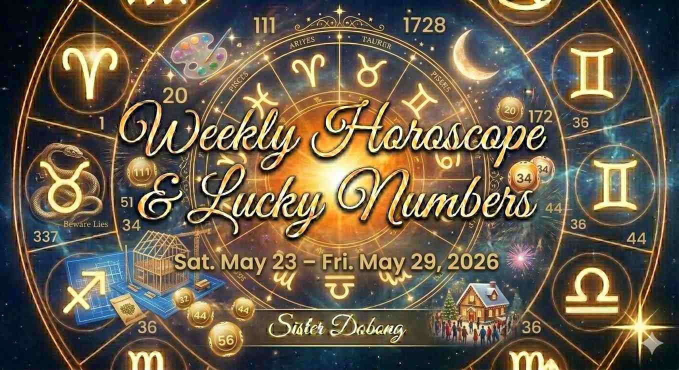 Weekly Horoscope & Lucky Numbers graphic for May 23 – May 29, 2026, featuring a gold zodiac wheel on a starry background. Sister Dobong.