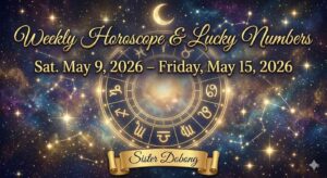 Gold zodiac wheel graphic with May 9–15, 2026 date range, lucky numbers, and 'Sister Dobong' brand text against a cosmic background.