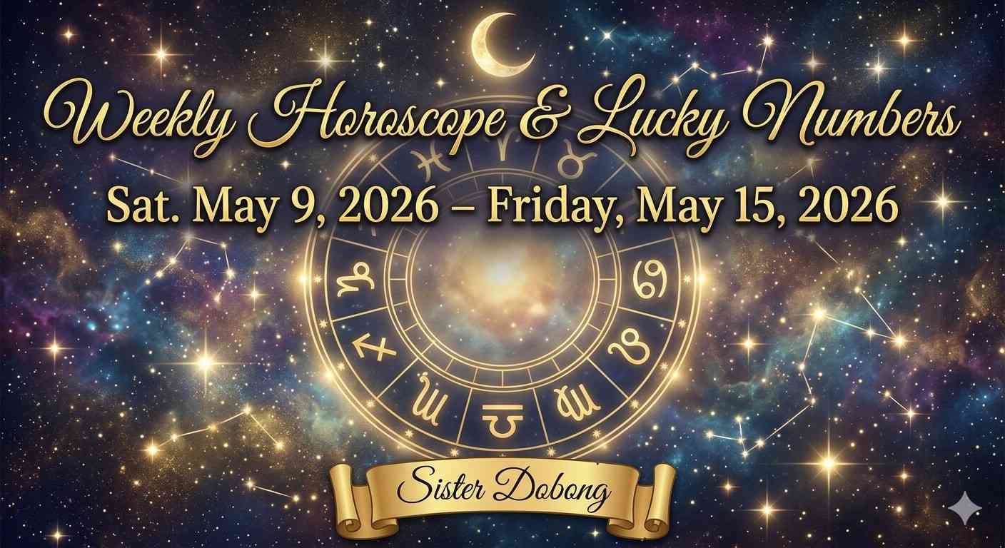 Gold zodiac wheel graphic with May 9–15, 2026 date range, lucky numbers, and 'Sister Dobong' brand text against a cosmic background.