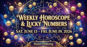 Weekly Horoscope & Lucky Numbers banner graphic for June 13 – June 19, 2026, featuring an intricate golden zodiac wheel resting over a glowing starry cosmic nebula. Sister Dobong.