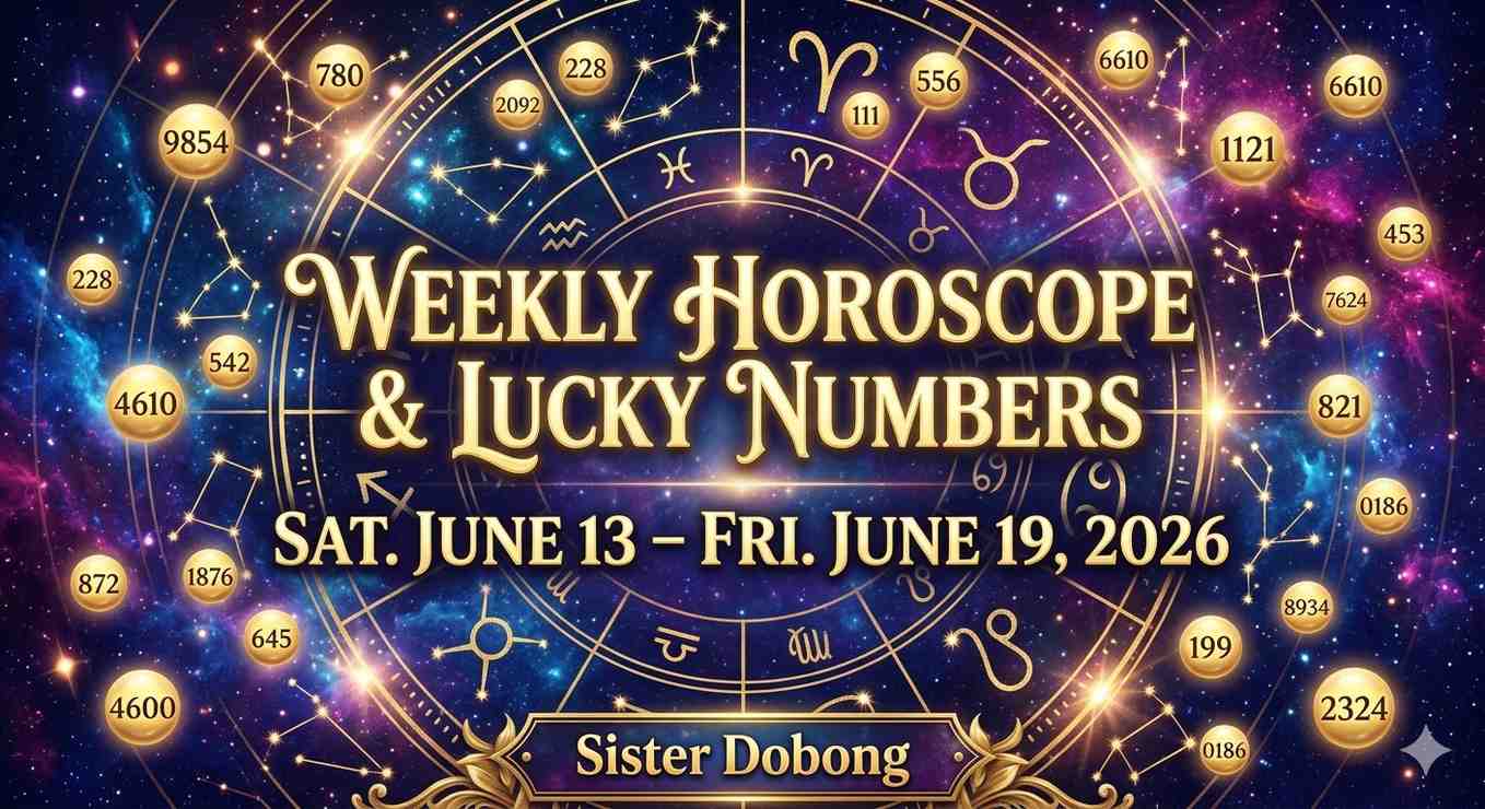 Weekly Horoscope & Lucky Numbers banner graphic for June 13 – June 19, 2026, featuring an intricate golden zodiac wheel resting over a glowing starry cosmic nebula. Sister Dobong.