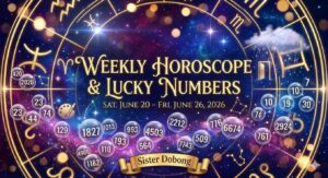 Weekly Horoscope & Lucky Numbers graphic for June 20 – June 26, 2026, featuring an intricate gold astrological zodiac wheel over a glowing cosmic nebula background. Sister Dobong.