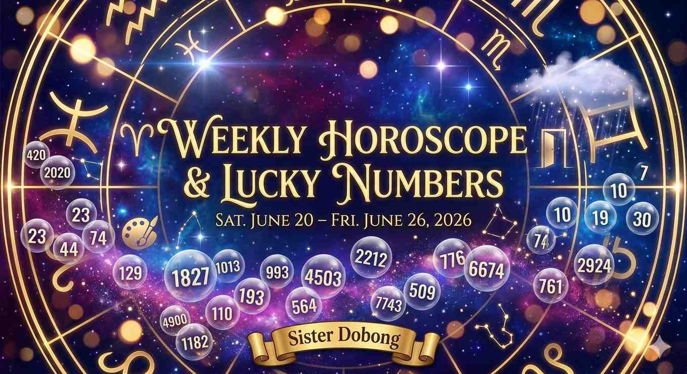 Weekly Horoscope & Lucky Numbers graphic for June 20 – June 26, 2026, featuring an intricate gold astrological zodiac wheel over a glowing cosmic nebula background. Sister Dobong.