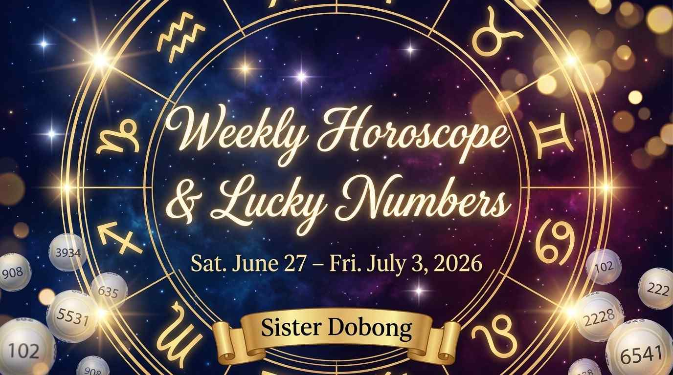 Weekly Horoscope & Lucky Numbers banner for June 27 to July 3, 2026, showing a detailed gold astrological zodiac wheel over a glowing cosmic navy and magenta nebula field. Sister Dobong.