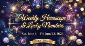 Weekly Horoscope & Lucky Numbers graphic for June 6 – June 12, 2026, featuring an intricate gold zodiac wheel design on a starry cosmic background. Sister Dobong.