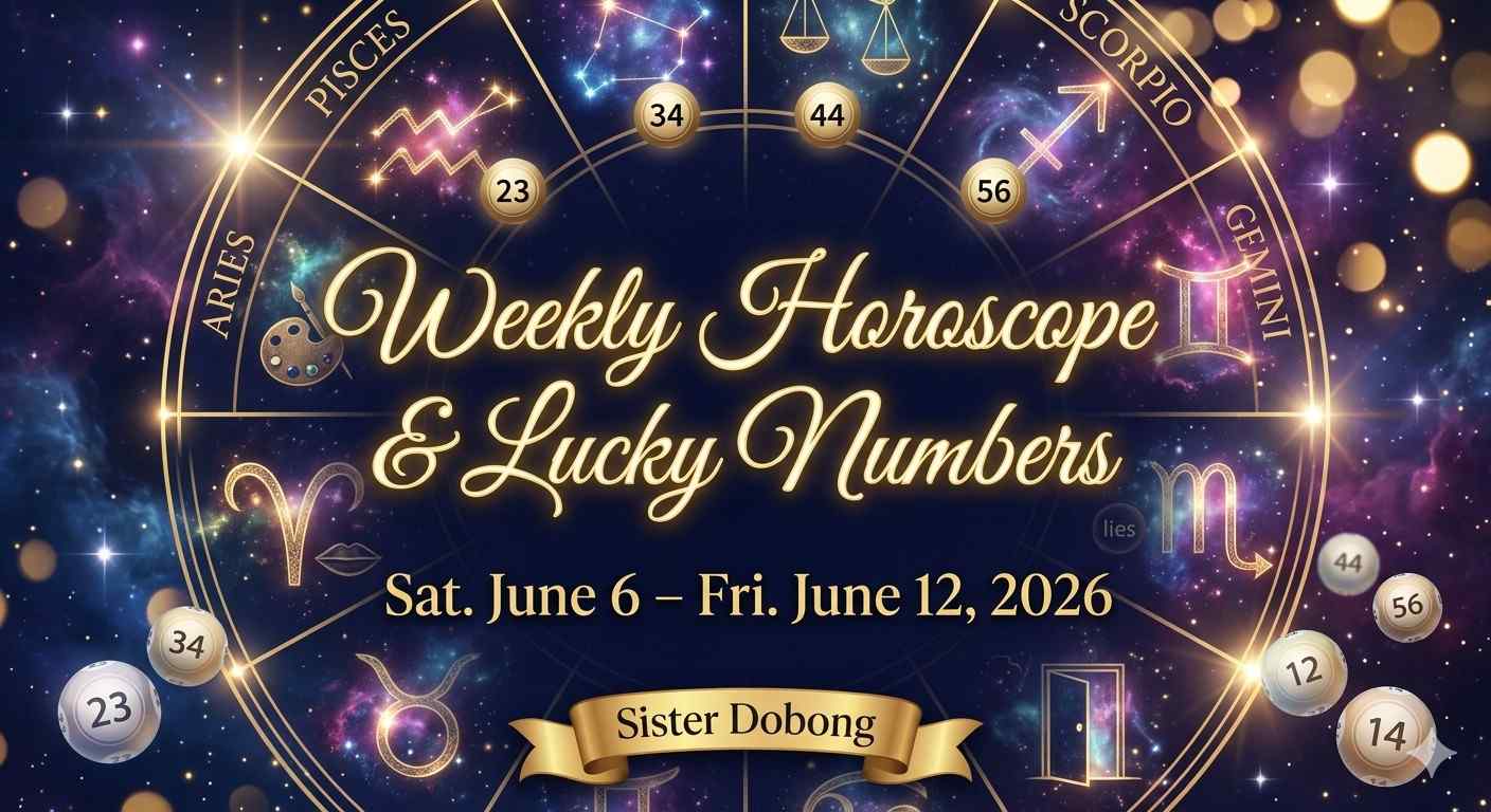 Weekly Horoscope & Lucky Numbers graphic for June 6 – June 12, 2026, featuring an intricate gold zodiac wheel design on a starry cosmic background. Sister Dobong.
